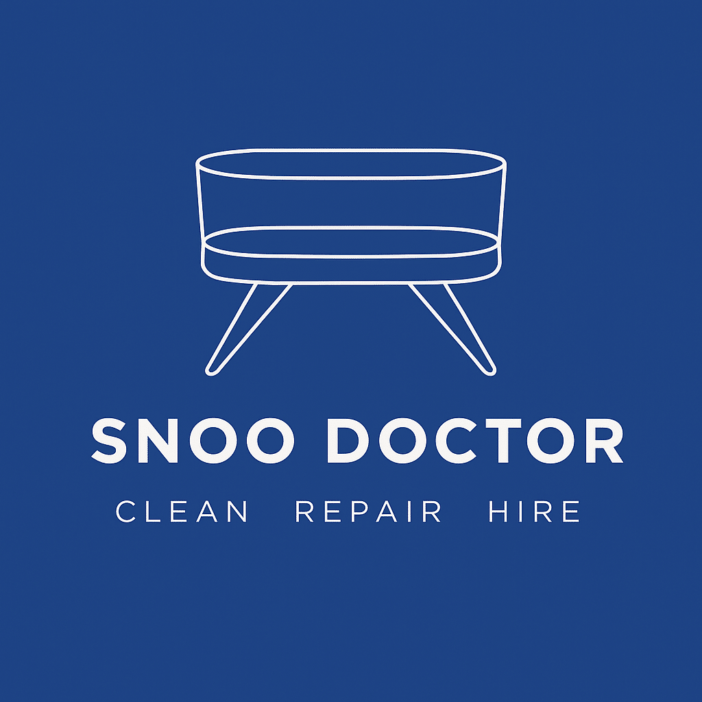 Snoo Doctor logo featuring a minimalist white bassinet outline on a deep blue background with the words "Snoo Doctor – Clean Repair Hire"