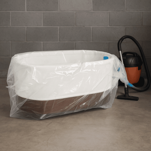 Snoo Smart Sleeper bassinet stored inside a 3D vacuum storage bag with a modern vacuum cleaner nearby on a garage floor