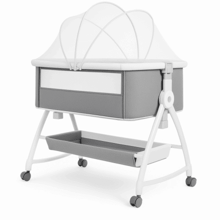 3-in-1 baby bassinet with mosquito net, storage basket, and white frame