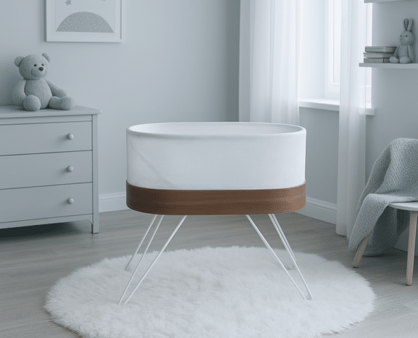 Snoo bassinet in a softly lit nursery with wooden trim and white mesh sides