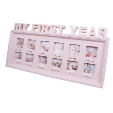 Pink 12-month baby milestone frame with “MY FIRST YEAR” text