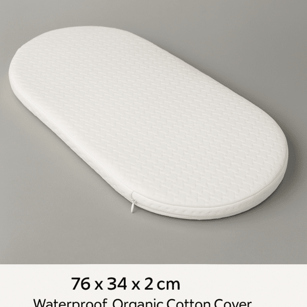 Bassinet mattress for Snoo with organic cotton waterproof cover, shown with dimensions 76cm x 34cm x 2 cm