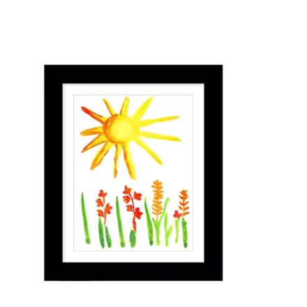 Front view of black kids artwork display frame with colourful drawing