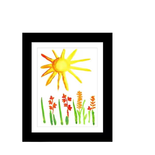 Front view of black kids artwork display frame with colourful drawing