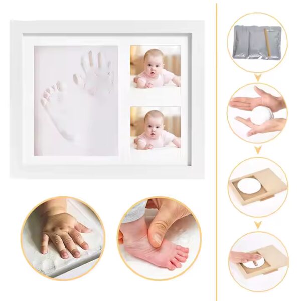 Step-by-step instructions for using the baby handprint and footprint clay photo frame kit, shown in visual layout