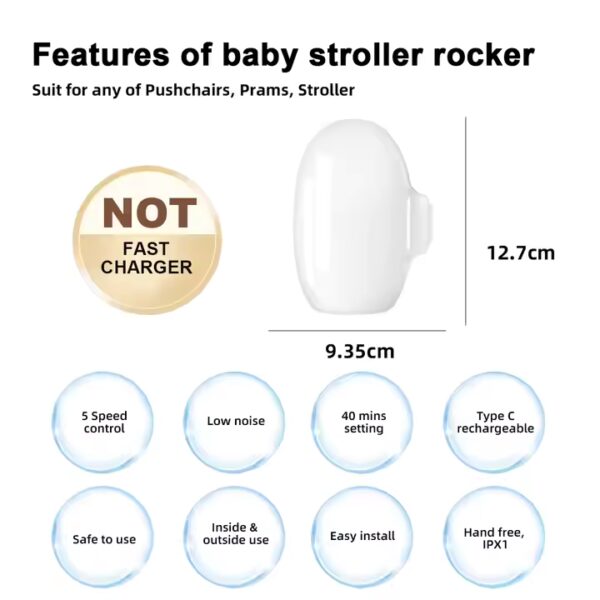 Electric pram rocker with USB-C charging cable connected, shown in compact 12.7cm x 9.35cm size, mounted to pram frame