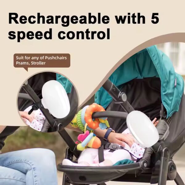 Rear view of rechargeable electric pram rocker with 5 speed settings, mounted low on pram frame with USB-C charging port visible